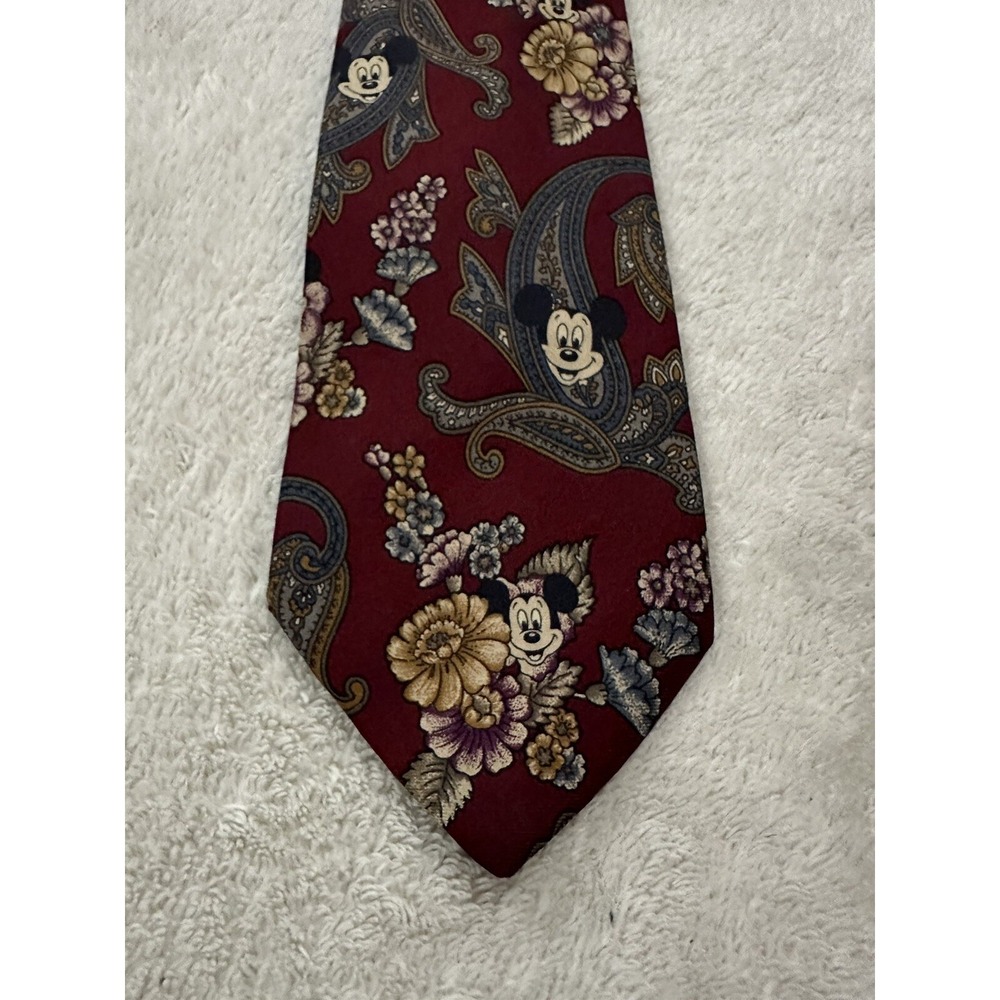 Vintage Walt Disney Men's Tie Mickey & Minnie Mouse Paisley & Floral Dark‎ Red